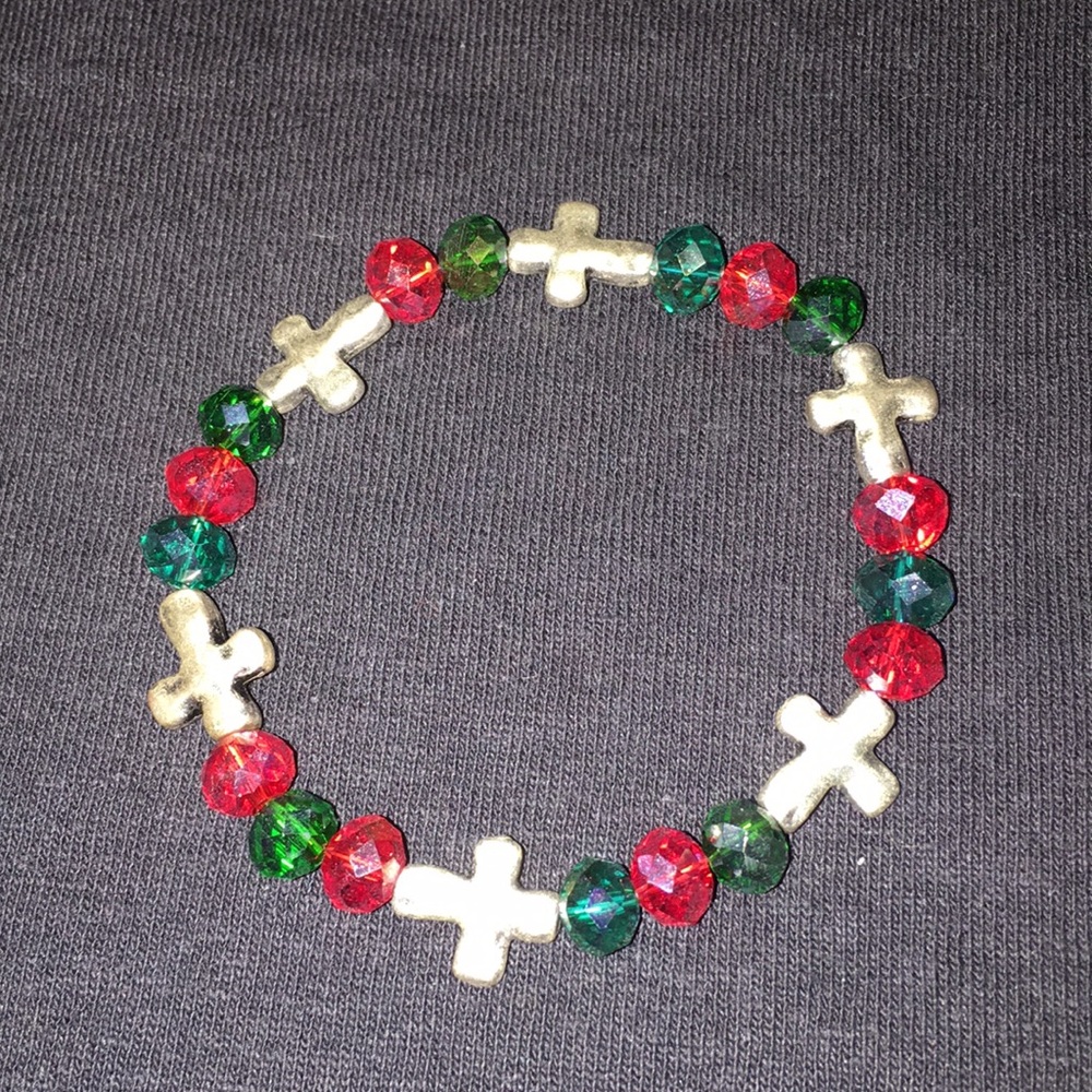 Red, green, and silver cross bracelet